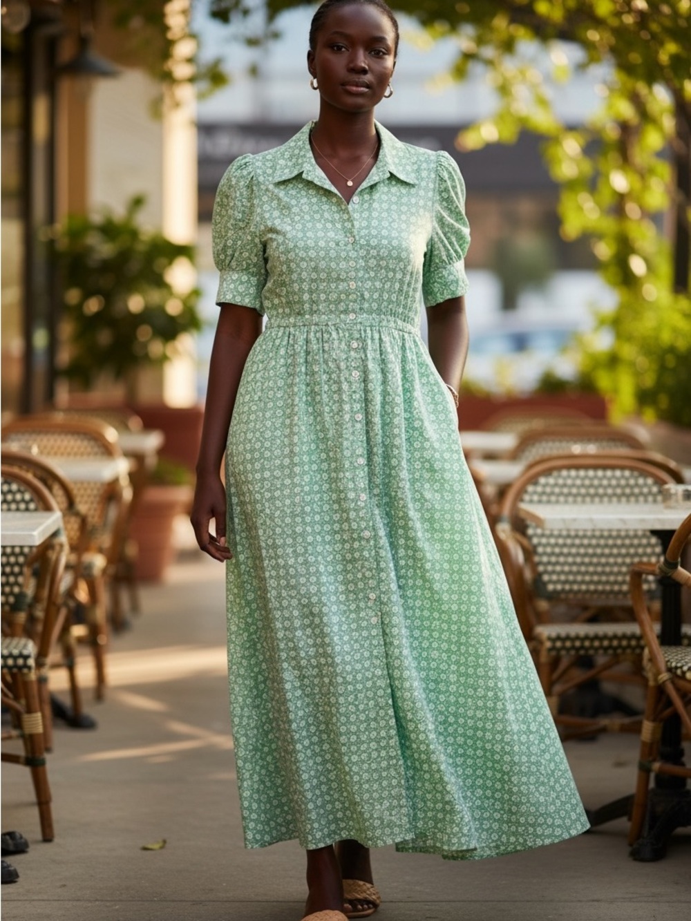 belk Mint Green Floral Maxi Shirt Dress with Puff Sleeves
